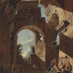 An architectural capriccio with figures amongst ruins